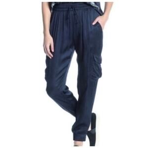 Young Broke Fabulous Satin Cargo Joggers Pants Navy Blue Medium Elastic Waist